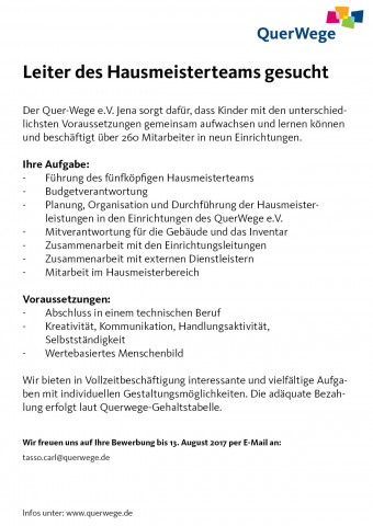 QuerWege sucht den Leiter des Hausmeisterteams