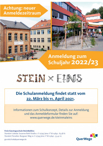 Plakat Schulanmeldung SteinMalEins zum SJ 22/23