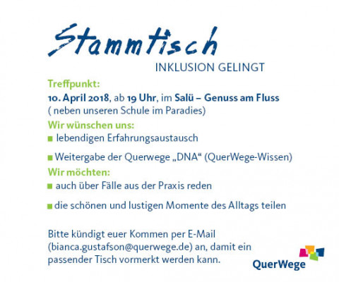 Ankündigung: Stammtisch_ Inklusion gelingt am 10. April, 19 Uhr, im Salü - Genuss am Fluss